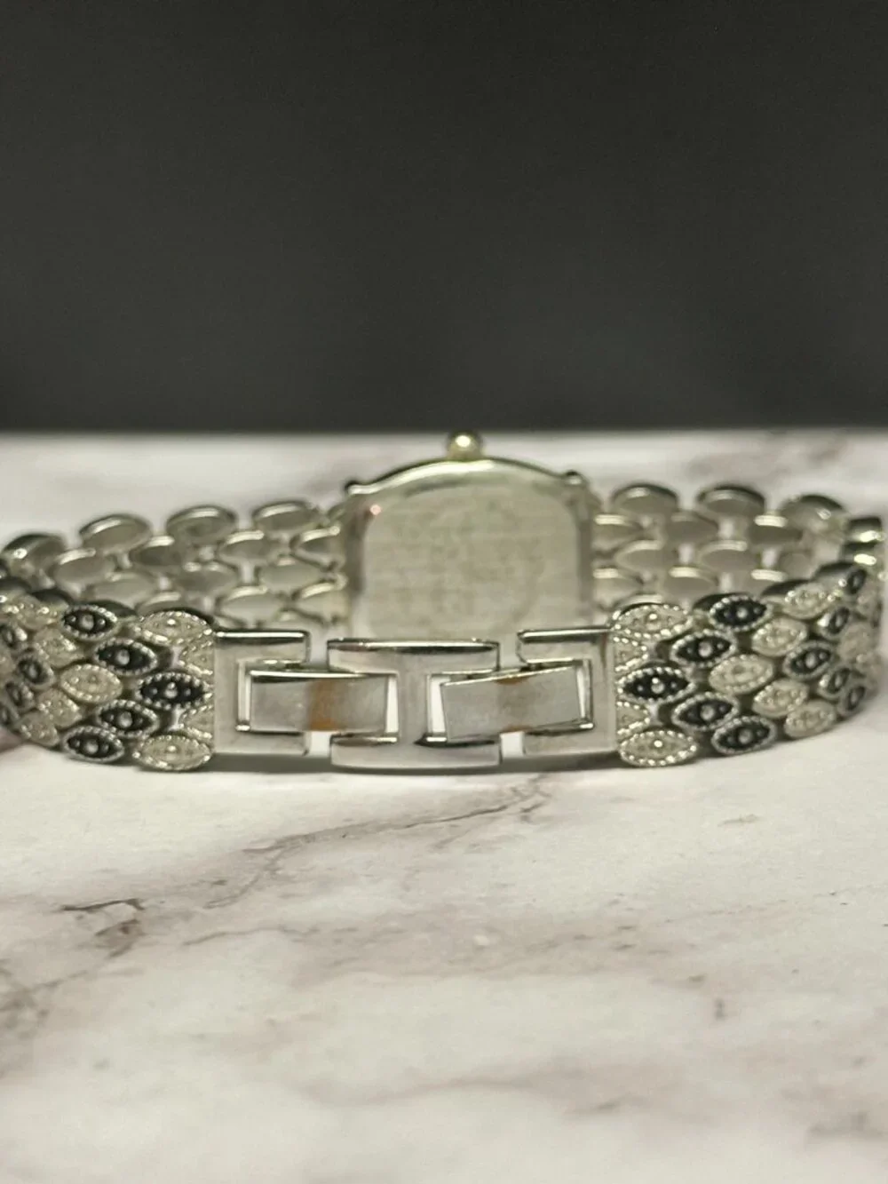 M. Z. Berger Marcasite Watch Silver Tone White Dial Ornate New Battery 7 inch